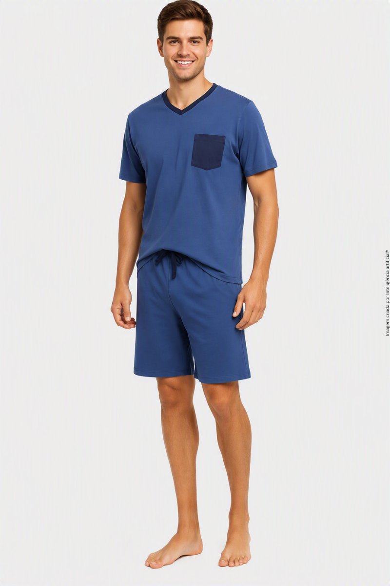 Pijama Masculino Curto Trifil Gola V - 100% Algodão
